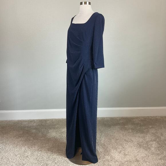 Adrianna Papell Long Sleeved Evening Gown Blue Metallic Size 8 Thigh Slit Formal - Picture 4 of 13